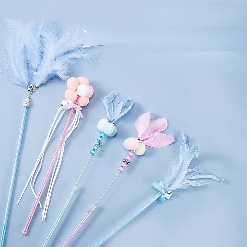 4PCS Feather Satin Ribbon Bell Cat Toy Wand Stick