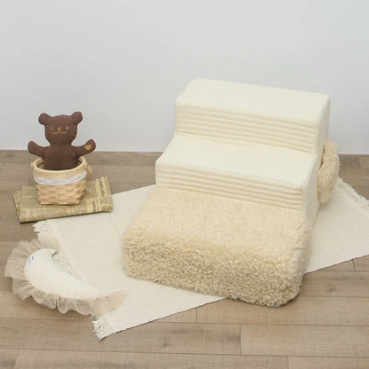 3 Step White Fur Ribbed Pet Stairs