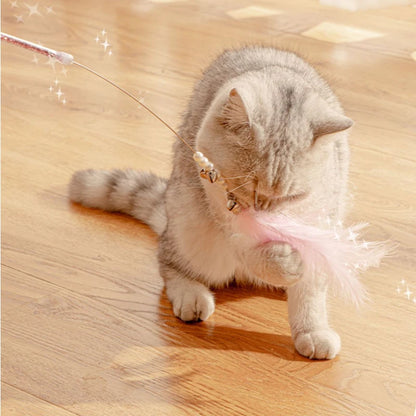 4PCS Feather Satin Ribbon Bell Cat Toy Wand Stick