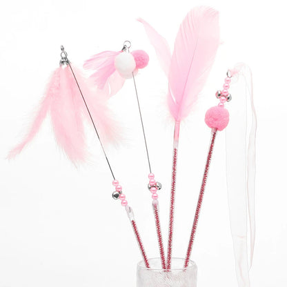 4PCS Feather Satin Ribbon Bell Cat Toy Wand Stick