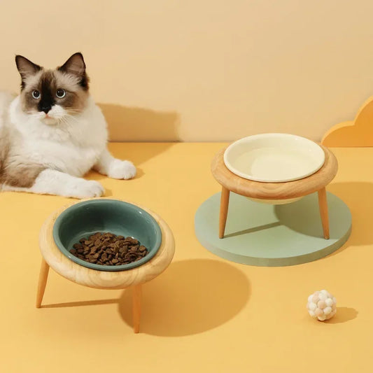 Tilted Wooden Stand Elevated Pet Tableware