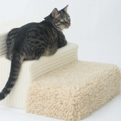 3 Step White Fur Ribbed Pet Stairs